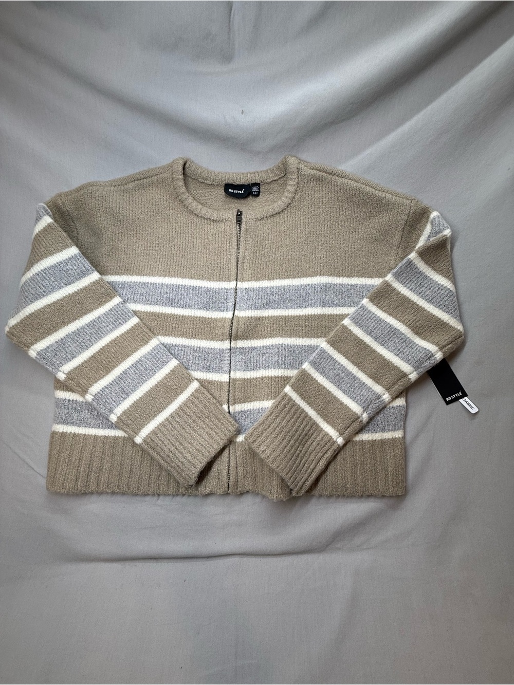 RD Style Striped Zip-Front Cropped Cardigan - Beige/Gray/White